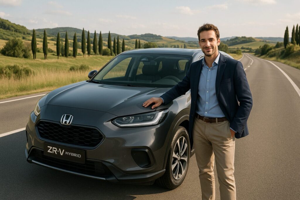 Professionista italiano soddisfatto accanto alla sua Honda ZR-V in noleggio a lungo termine su strada italiana