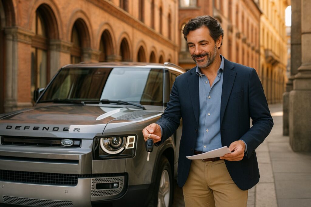 Professionista italiano con Land Rover Defender usato in noleggio a lungo termine in città