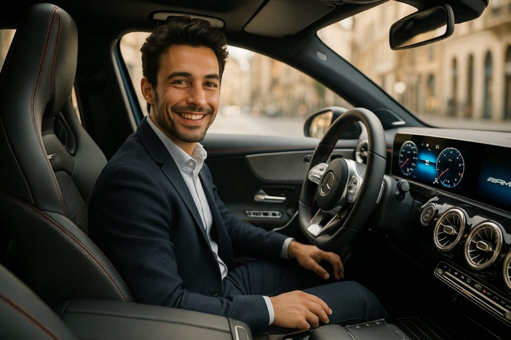 Professionista italiano a bordo di Mercedes-AMG A 35 in noleggio a lungo termine km0