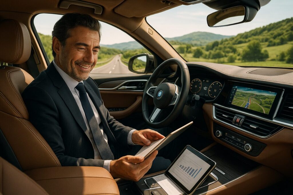Professionista italiano alla guida di un SUV premium in noleggio a lungo termine senza pensieri di manutenzione