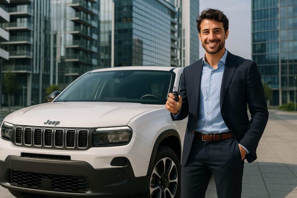 Professionista italiano con Jeep Avenger km0 in noleggio a lungo termine a Milano