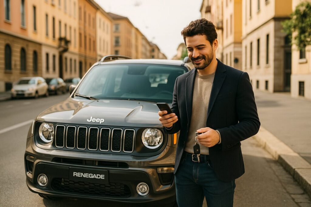 Professionista italiano con Jeep Renegade km0 in noleggio a lungo termine in città