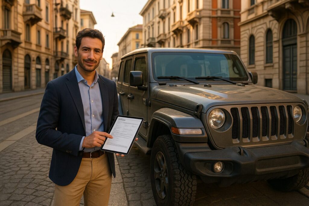 Professionista italiano valuta un Jeep Wrangler usato per il noleggio a lungo termine a Milano