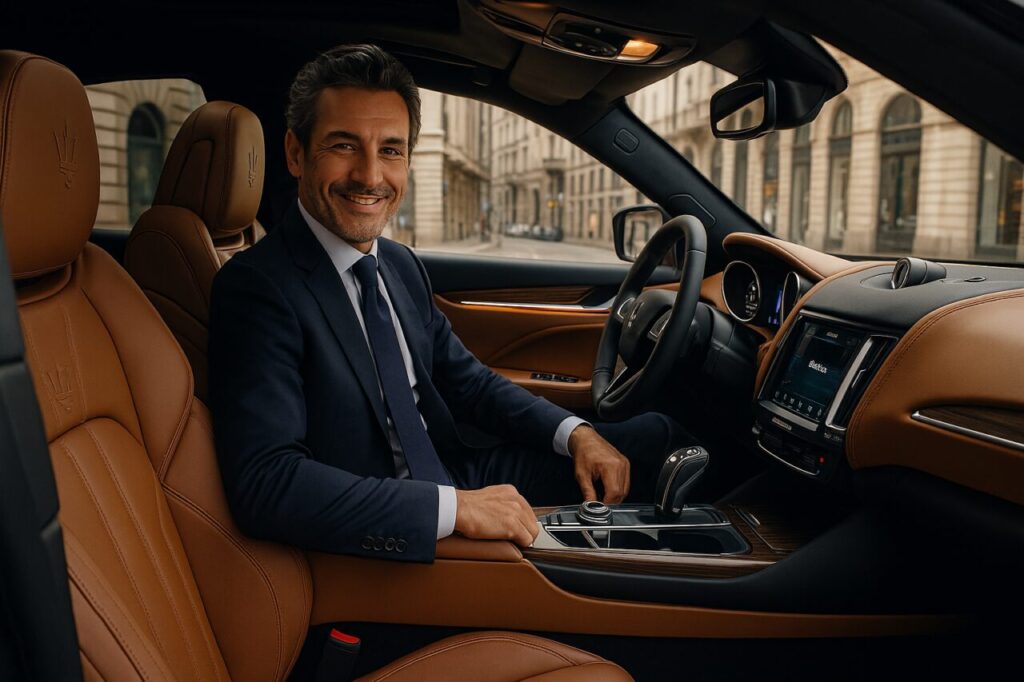 Professionista italiano soddisfatto a bordo di un Maserati Levante km0 in noleggio a lungo termine