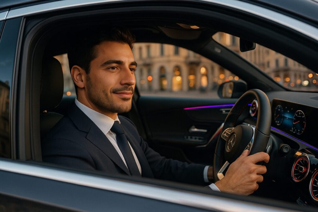 Professionista italiano a bordo di una Mercedes Classe A usata in NLT a Milano