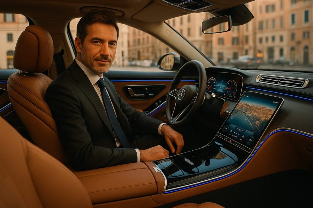 Professionista italiano al volante di una Mercedes Classe S km0 in noleggio a lungo termine