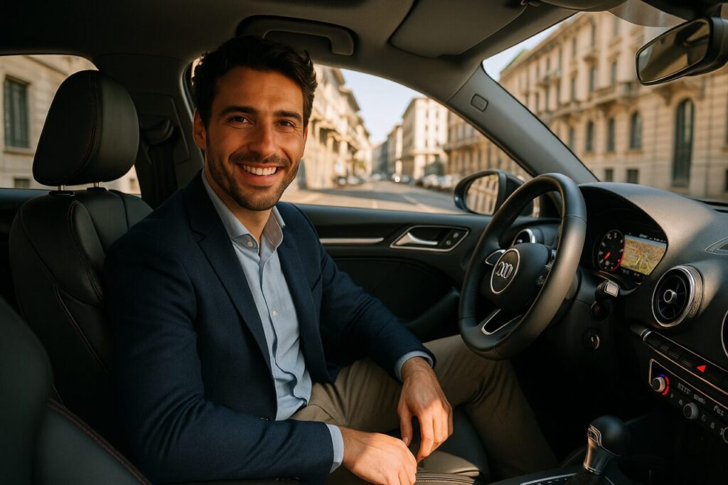 Professionista italiano soddisfatto a bordo di un'Audi A1 Sportback km0 in noleggio a lungo termine a Milano