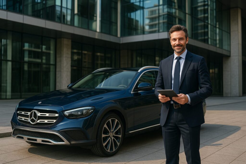 Professionista italiano con Mercedes Classe E All-Terrain in noleggio a lungo termine a Milano