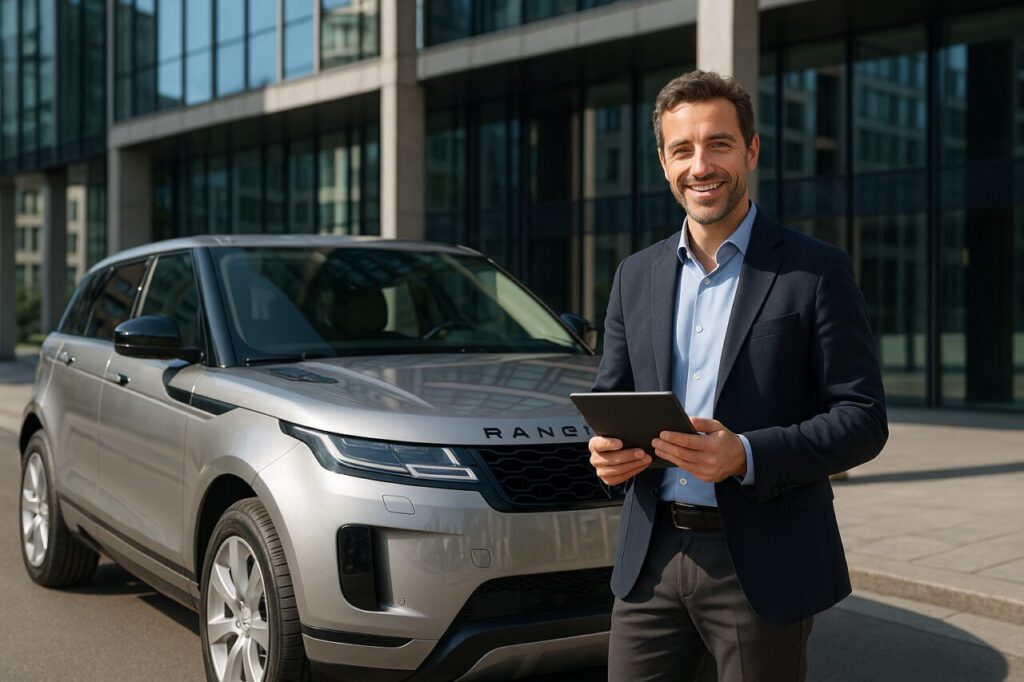 Professionista italiano con Range Rover km0 in noleggio a lungo termine a Milano senza pensieri di manutenzione