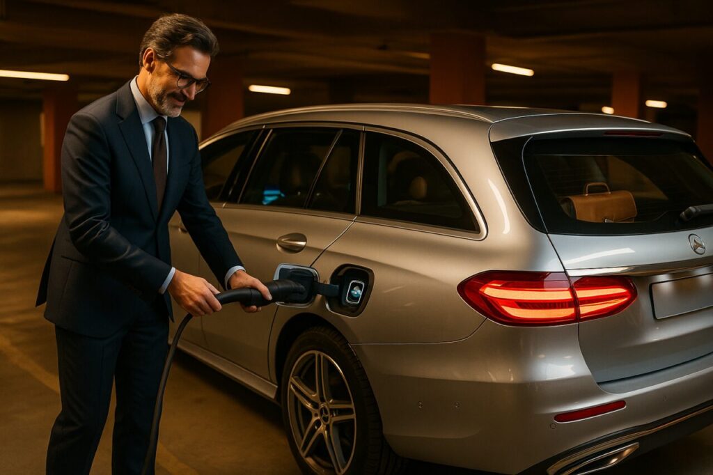 Professionista italiano ricarica Mercedes Classe E Estate ibrida plug-in noleggio lungo termine Milano