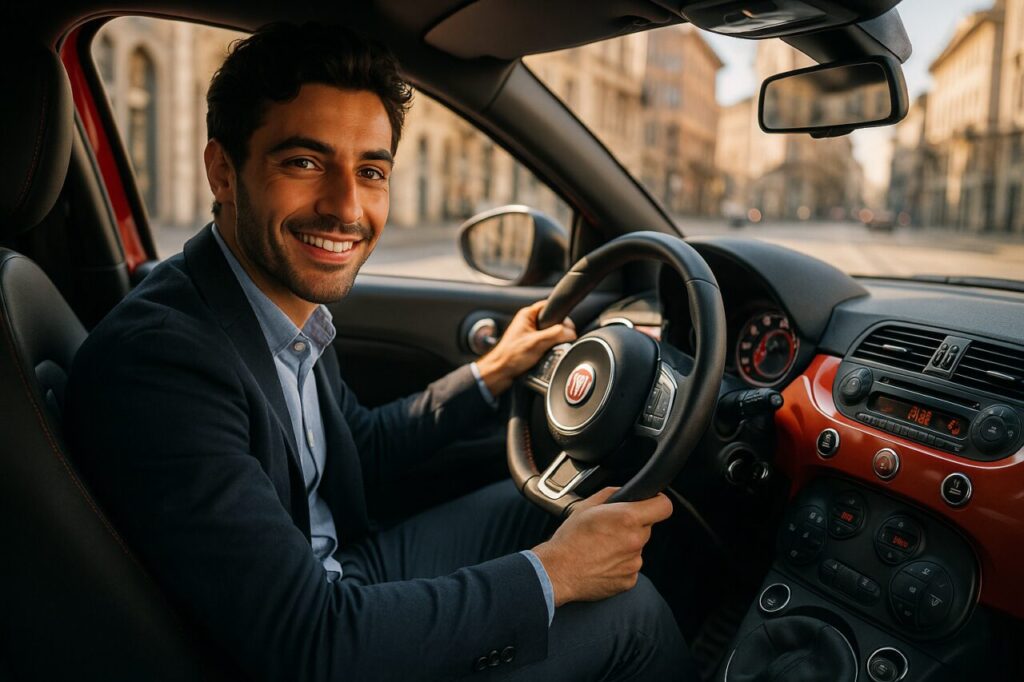 Professionista italiano soddisfatto al volante di un'Abarth 595 km0 in noleggio a lungo termine