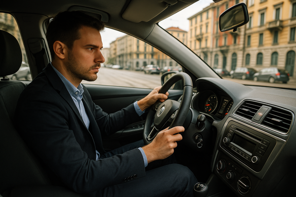 Prova dinamica di un'auto usata noleggiata a lungo termine, verifica della geometria e comportamento del veicolo durante la guida in città