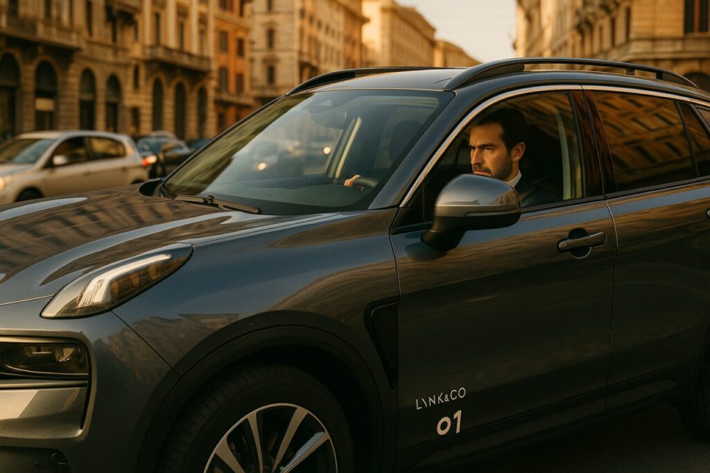 Uomo italiano in prova di guida urbana con Lynk & Co 01 usata prima del noleggio a lungo termine