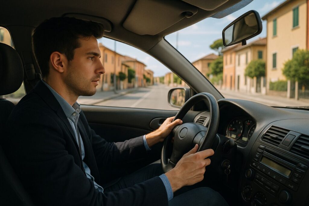 Uomo professionista effettua una prova su strada di un'auto usata in noleggio a lungo termine, testando la reattività dello sterzo e ascoltando i rumori della sospensione