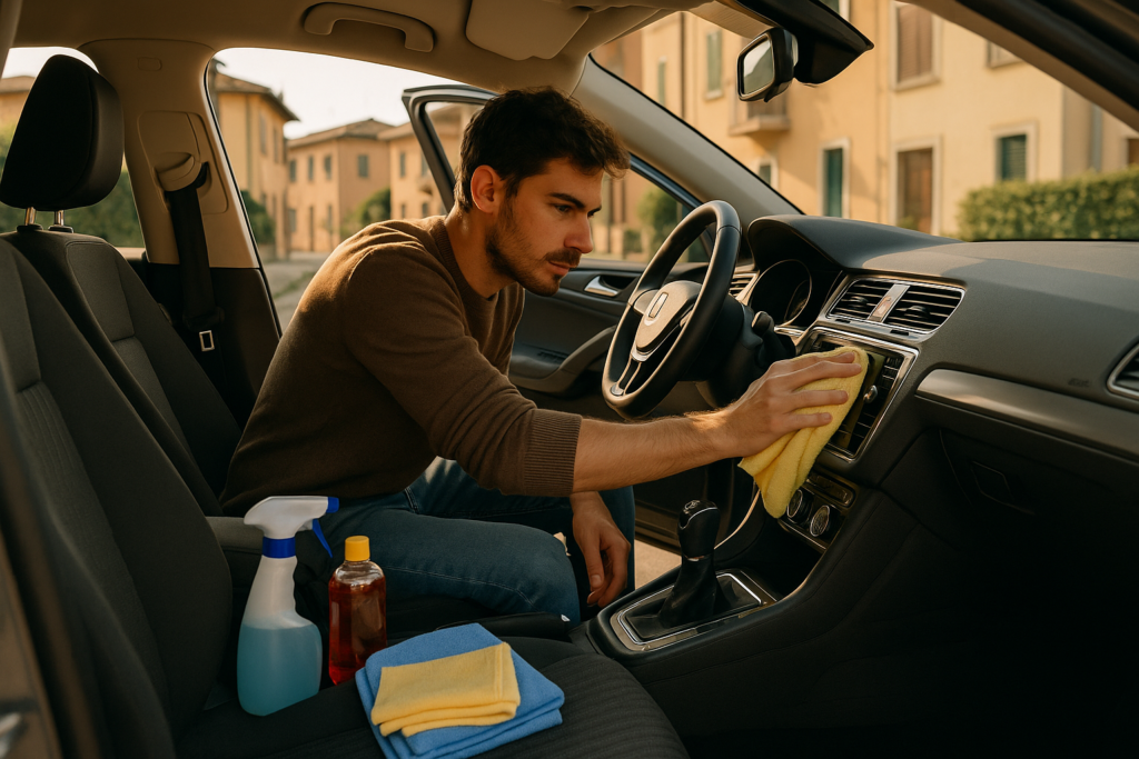 Persona che pulisce il cruscotto di un'auto a noleggio lungo termine con panno in microfibra
