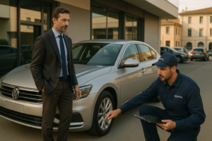 Restituzione auto a fine noleggio a lungo termine: tecnico che ispeziona veicolo usato presso centro autorizzato in Italia
