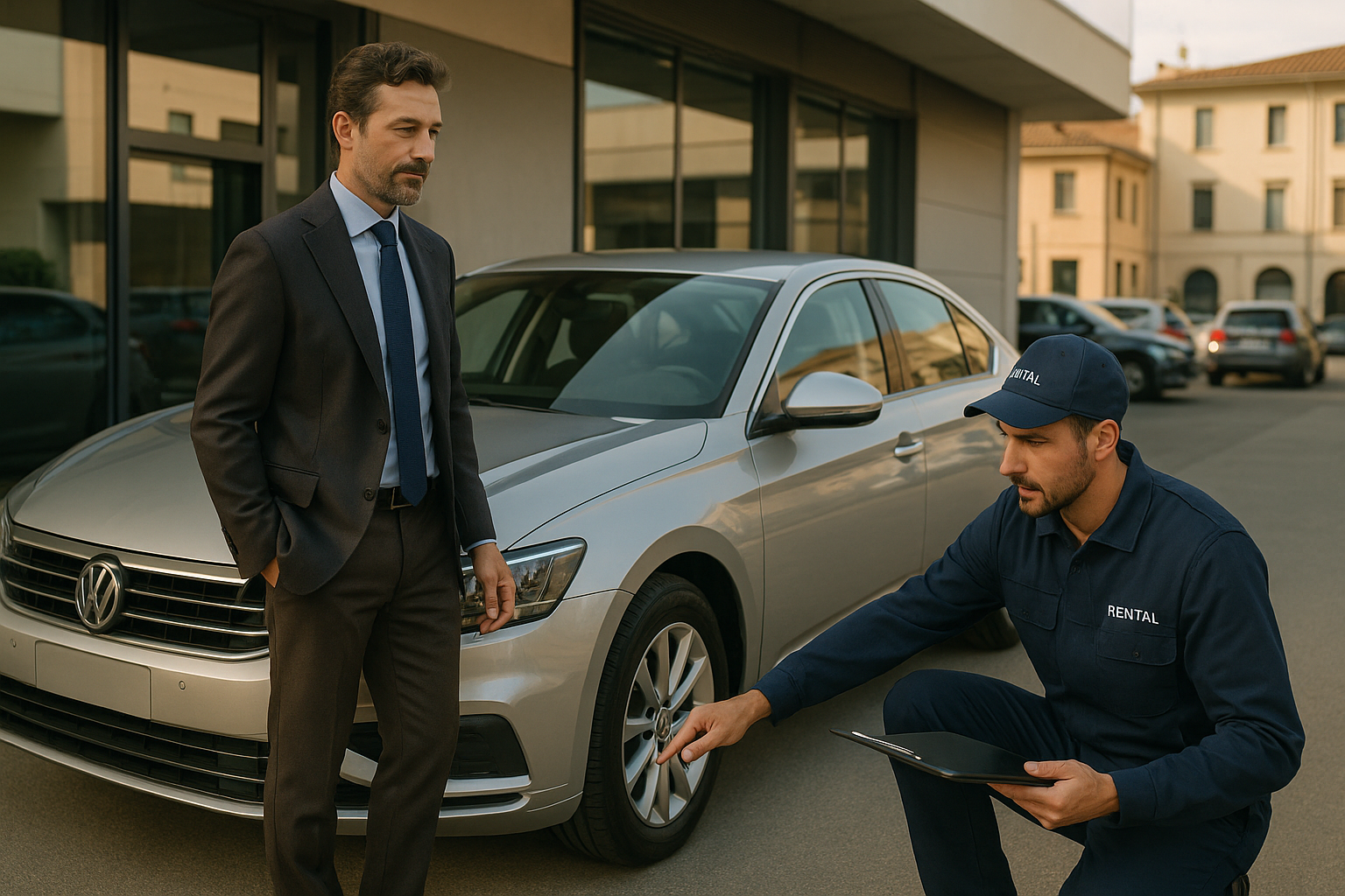 Restituzione auto a fine noleggio a lungo termine: tecnico che ispeziona veicolo usato presso centro autorizzato in Italia