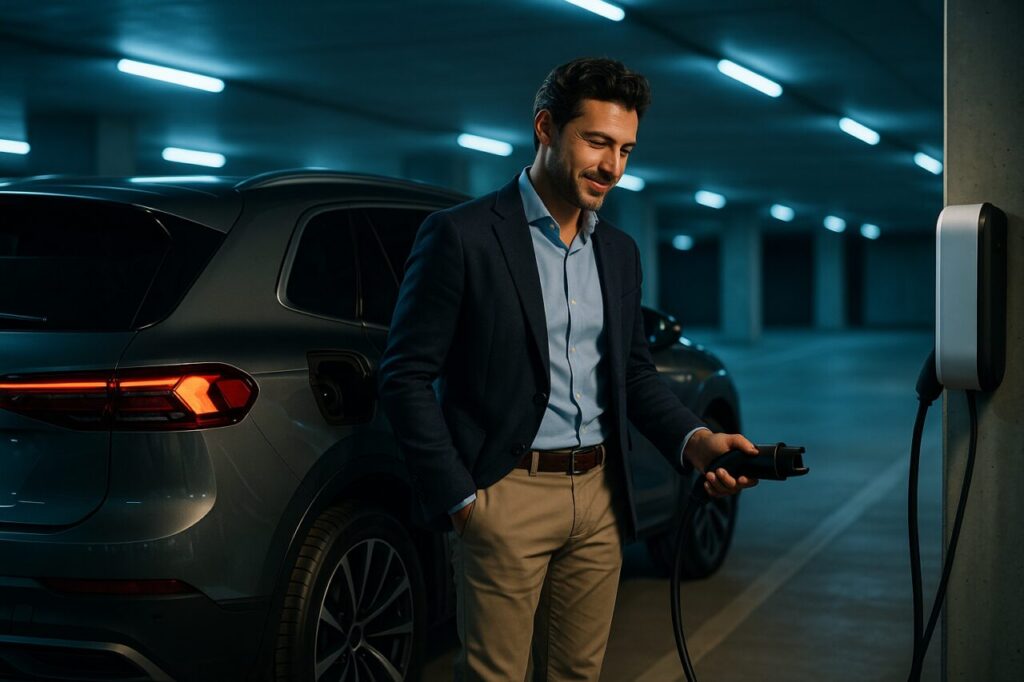 Professionista italiano ricarica Audi e-tron usato in noleggio a lungo termine in garage a Milano