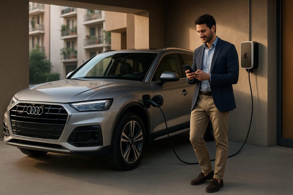 Proprietario italiano ricarica Audi Q5 PHEV a casa con wallbox, abitudini corrette per la batteria del SUV ibrido plug-in in noleggio lungo termine