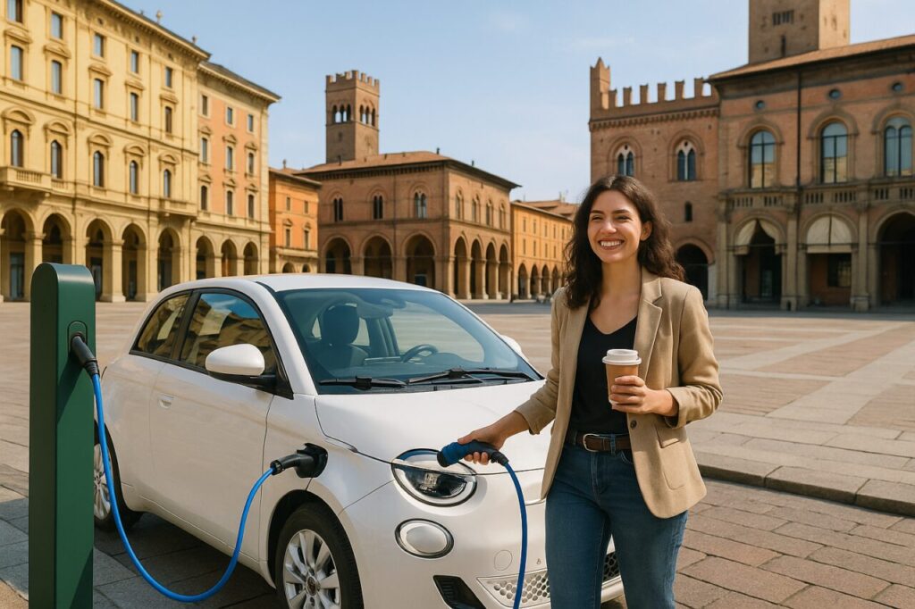 Ricarica di auto elettrica usata in noleggio a lungo termine in città italiana