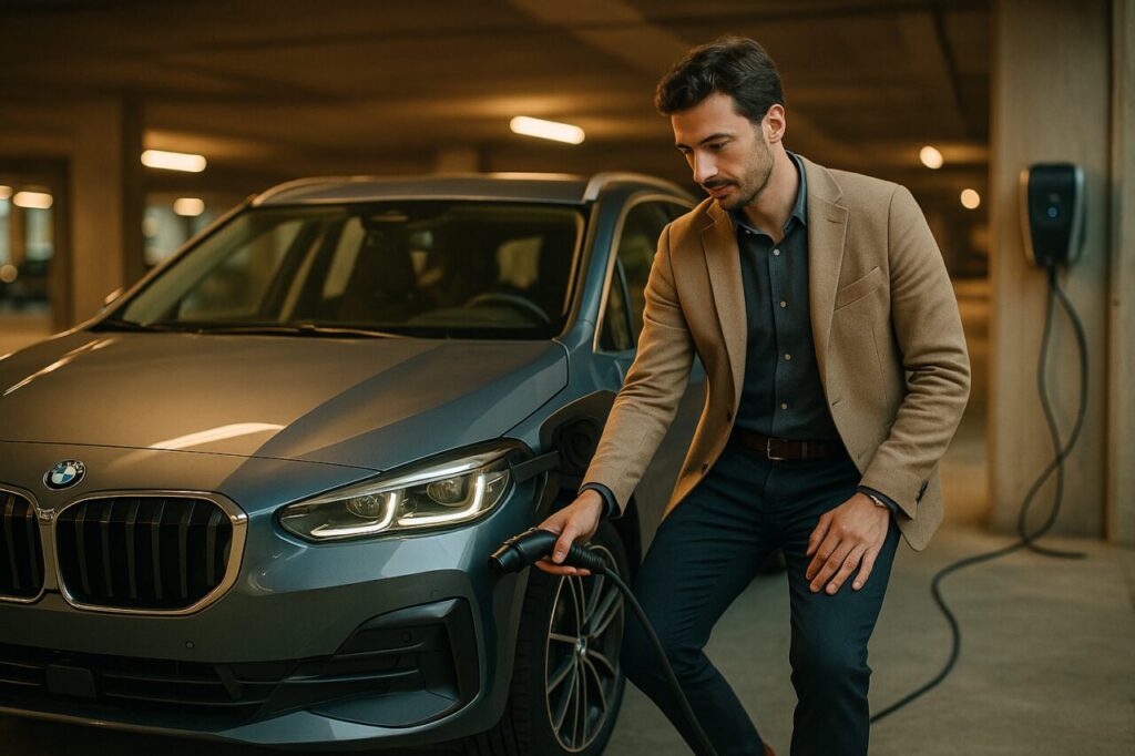 Professionista italiano ricarica BMW Serie 2 Active Tourer plug-in hybrid in noleggio a lungo termine