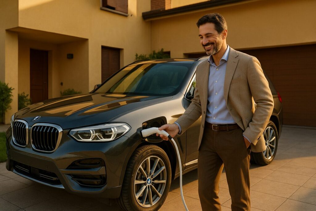 Professionista italiano ricarica BMW X3 plug-in hybrid a casa, noleggio a lungo termine senza pensieri