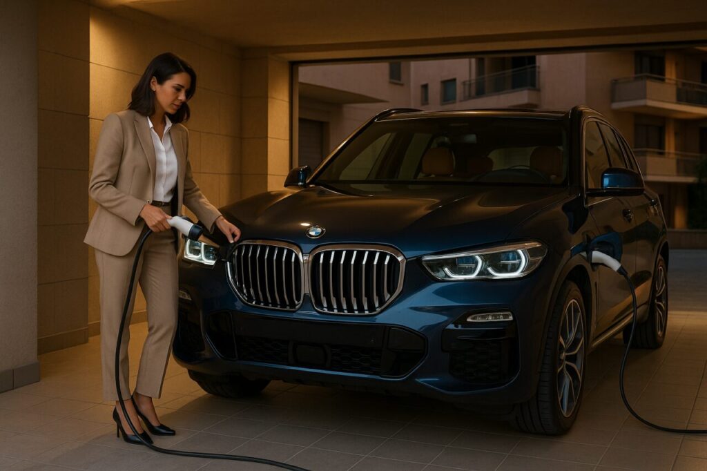 Donna italiana ricarica BMW X5 ibrido plug-in in garage, noleggio a lungo termine auto usata