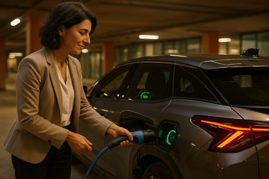 Donna professionista ricarica la Citroën C5 X ibrida all'80% in un parcheggio di Roma per preservare la batteria in noleggio lungo termine