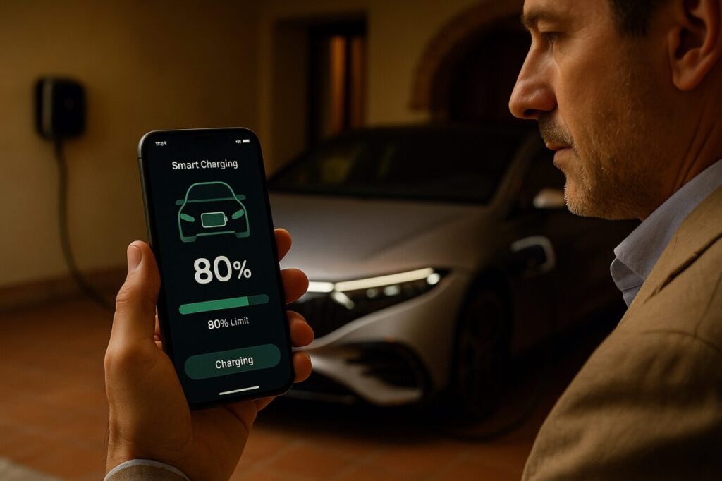 Gestione intelligente della ricarica Mercedes EQS con limite all'80% per preservare la batteria in noleggio lungo termine