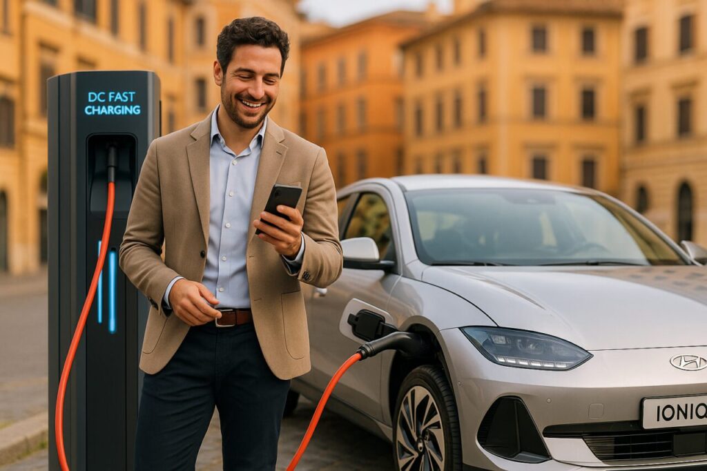 Professionista italiano ricarica Hyundai Ioniq 6 usata in noleggio a lungo termine in una città italiana