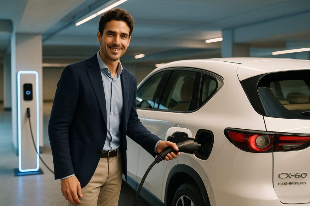 Professionista italiano ricarica Mazda CX-60 Plug-in Hybrid in parcheggio coperto, noleggio lungo termine auto ibrida