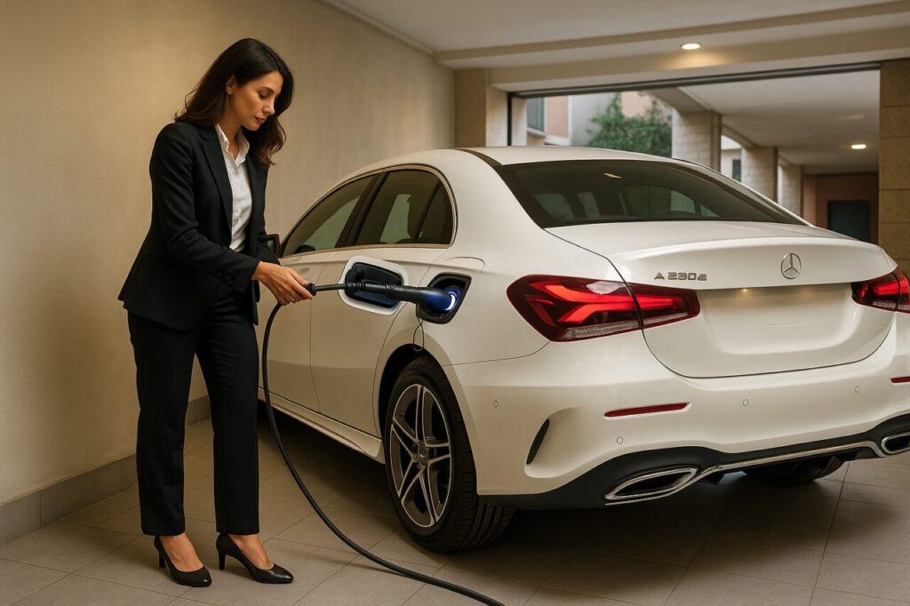 Ricarica batteria Mercedes Classe A Sedan ibrida plug-in in garage italiano per noleggio lungo termine