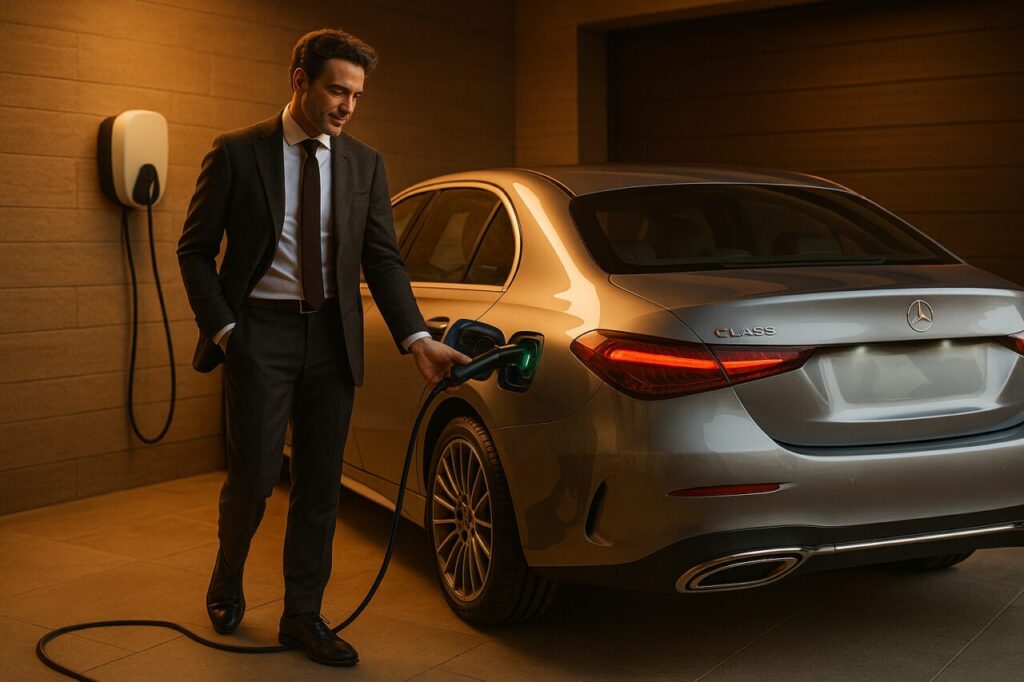 Professionista italiano ricarica Mercedes Classe C PHEV a casa con wallbox, noleggio a lungo termine