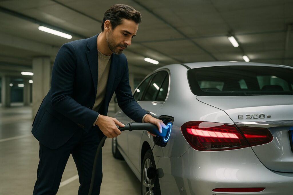 Professionista italiano ricarica Mercedes Classe E Plug-in in parcheggio, noleggio lungo termine ibrido plug-in Milano