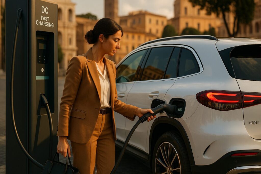 Donna italiana ricarica Mercedes EQE SUV km0 in noleggio lungo termine con limite all'80% a Roma
