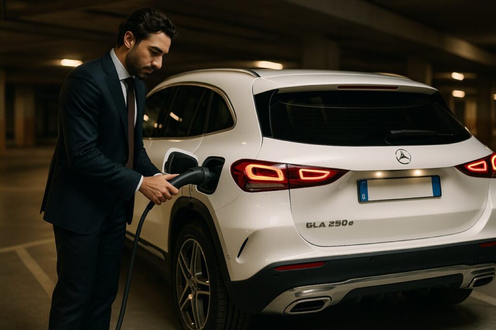 Uomo italiano ricarica Mercedes GLA 250 e ibrido plug-in in parcheggio urbano, noleggio lungo termine auto usata senza anticipo