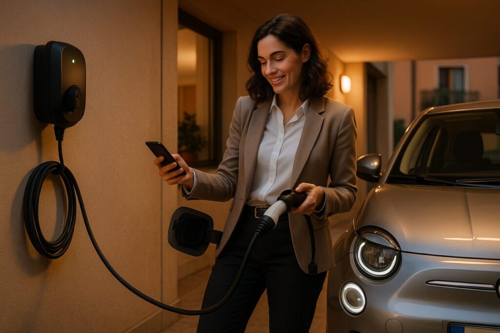 Donna italiana ricarica auto elettrica compatta con wallbox domestico di notte, ricarica lenta AC per preservare la batteria