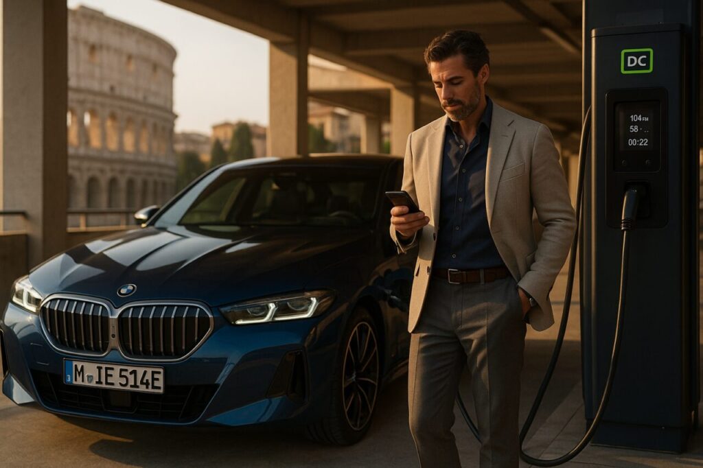 Professionista italiano ricarica BMW i5 elettrica a colonnina DC a Roma durante noleggio a lungo termine