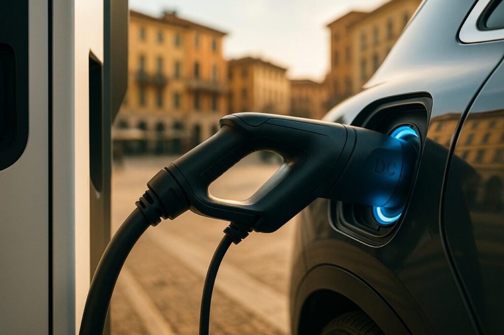 Ricarica rapida DC di Mercedes EQE a colonnina in centro città italiano, pre-condizionamento batteria noleggio lungo termine