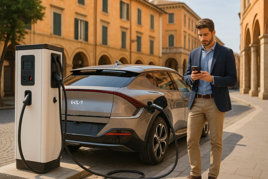 Ricarica rapida DC KIA EV6 in città italiana, noleggio a lungo termine auto elettrica usata