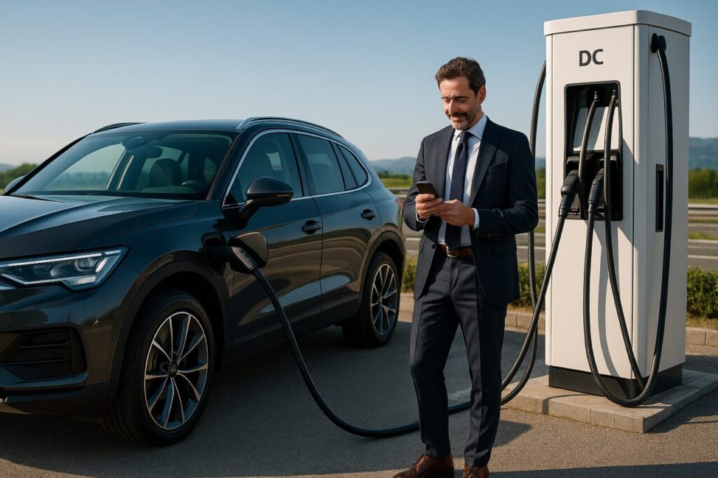 Ricarica rapida DC di un SUV elettrico in autostrada italiana noleggio lungo termine