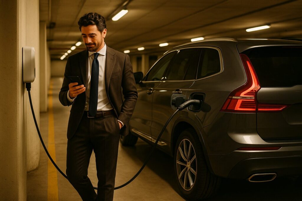 Uomo italiano ricarica SUV plug-in hybrid in garage a Milano, noleggio a lungo termine auto usata