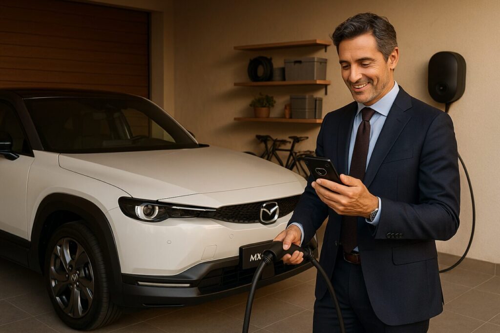 Professionista italiano ricarica Mazda MX-30 R-EV a casa con wallbox, noleggio a lungo termine auto ibrida plug-in km0