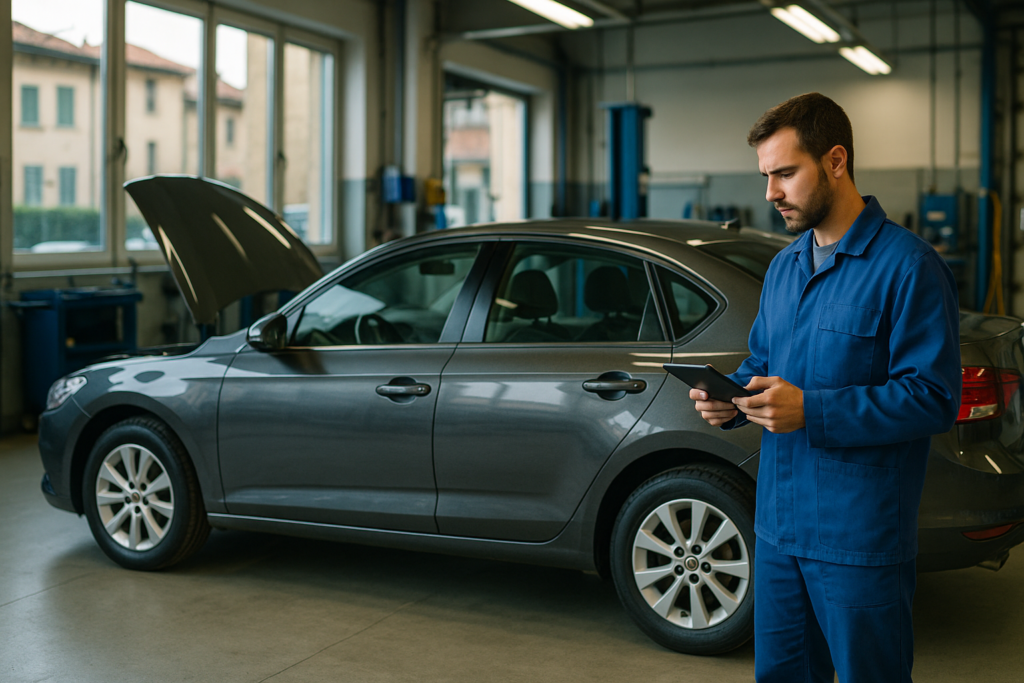 Ricondizionamento auto usata nel noleggio a lungo termine: meccanico che ispeziona il veicolo in officina