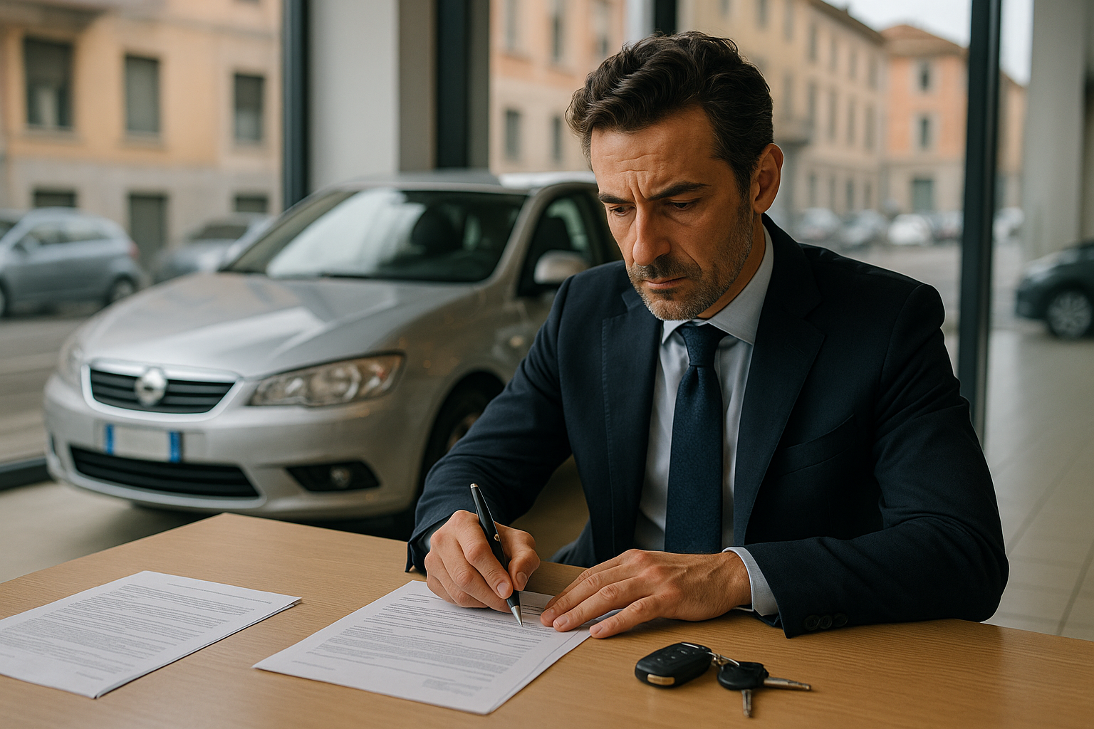 Uomo che firma contratto di acquisto auto usata con riserva di proprietà in una concessionaria italiana