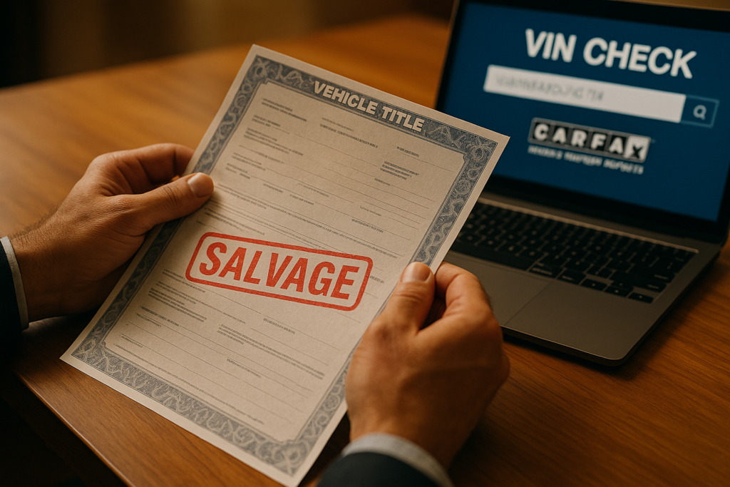Documento Salvage Title americano con timbro rosso e verifica VIN su laptop per auto usata importata dagli USA