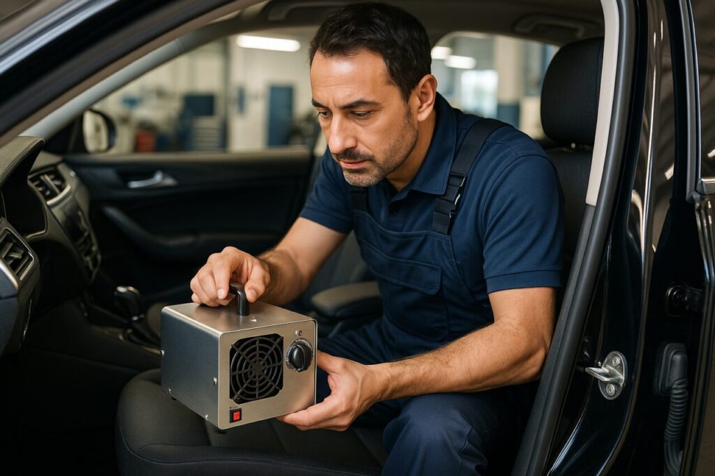 Tecnico professionale esegue sanificazione con ozono nell'abitacolo di un'auto usata per eliminare odori persistenti