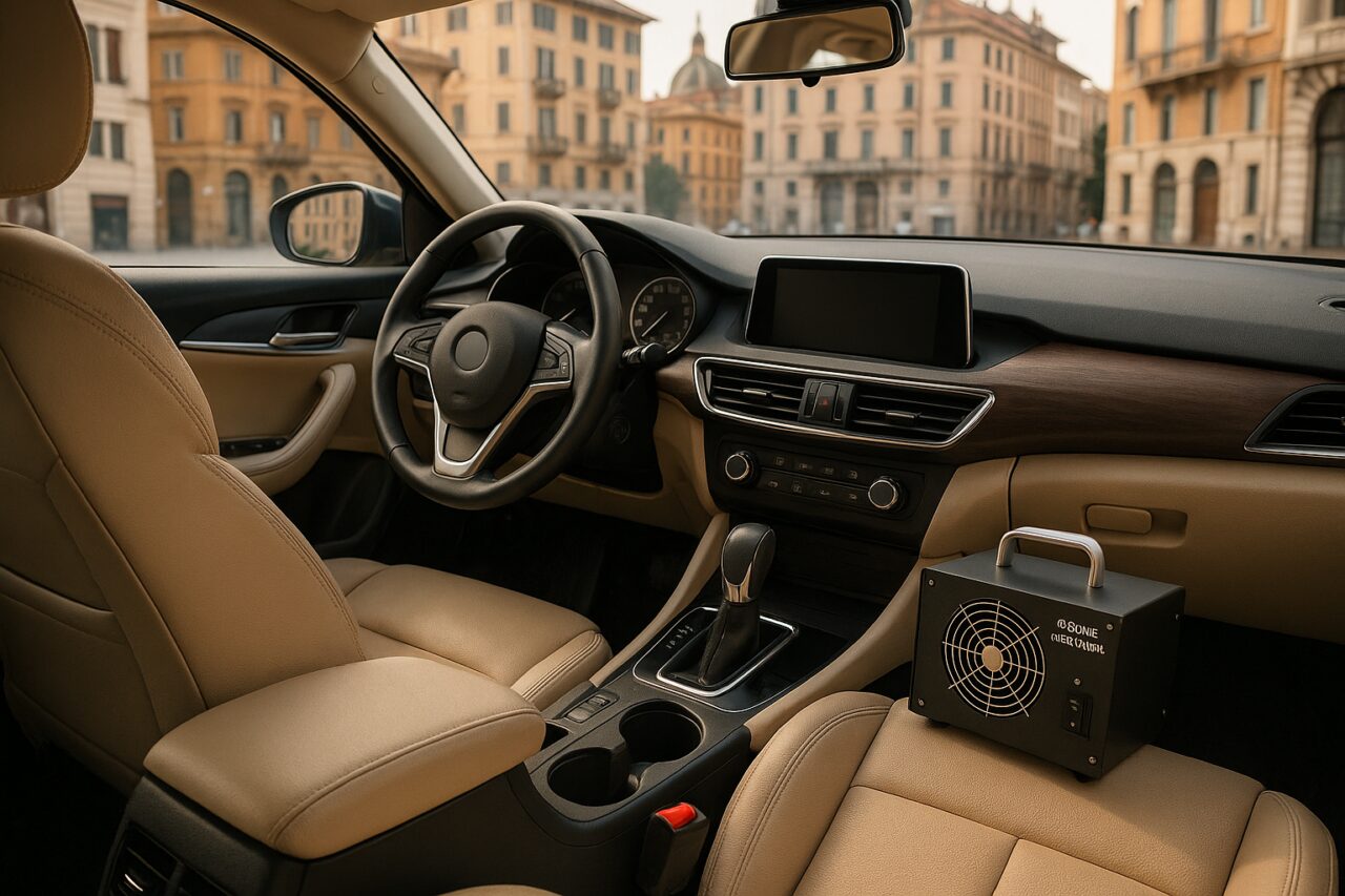 Interno di auto usata sanificato con ozono e filtro abitacolo pulito per noleggio a lungo termine