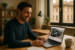 Uomo che scrive un annuncio di noleggio a lungo termine per auto usata su laptop