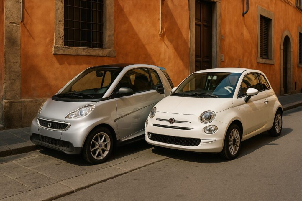 Smart ForTwo e Fiat 500 usate parcheggiate in centro città italiana in NLT